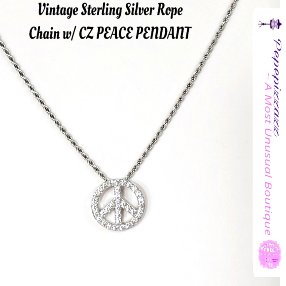 VTG STERLING SILVER 925 ROPE CHAIN 20" WITH CZ PEACE PENDANT BEAUTIFUL ❤️ Signed